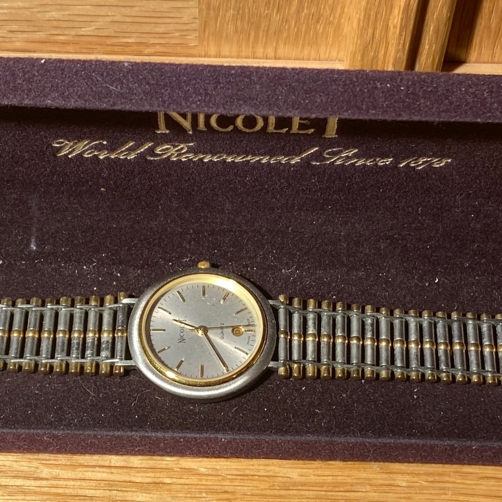 Vintage Nicolet Watch Men's 8 In Length 3/4 Face Gold/ Silver Toned Stainless
